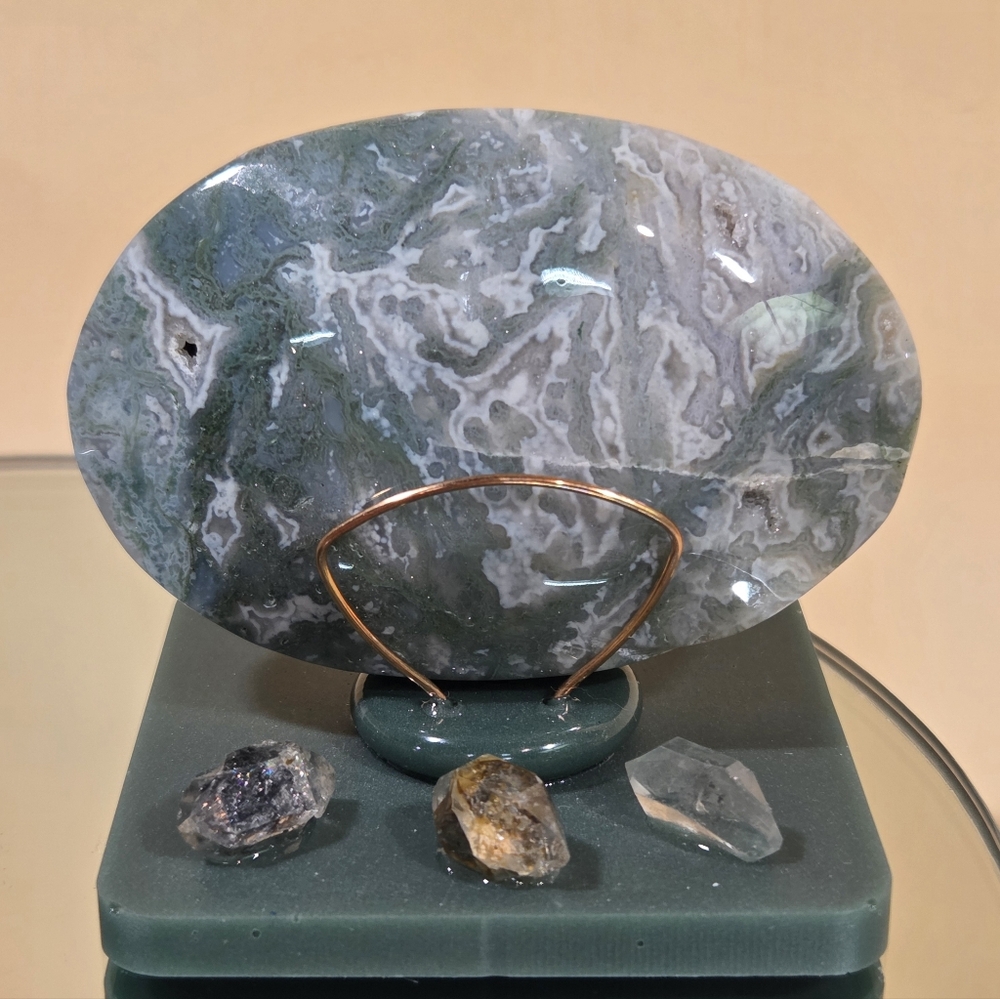 Genuine Ocean Grass Agate Gemstone On Handmade Resin & Solid Bronze Display